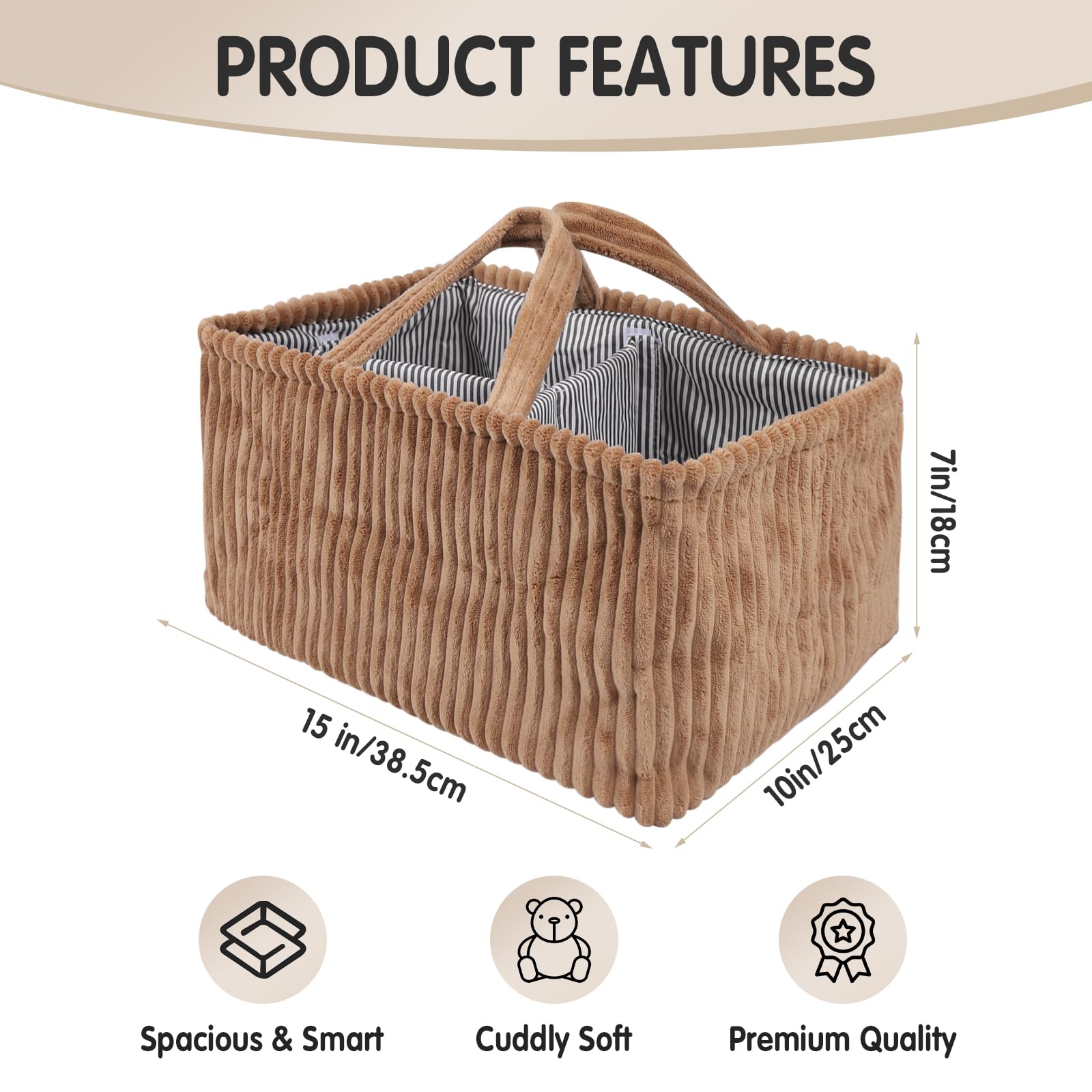 TDTOK diaper caddy with three compartments for diapers and wipes.