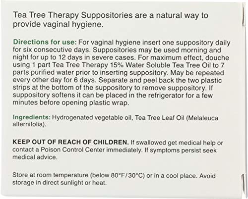 Tea Tree Therapy suppository box back showing ingredients for safe daily use.