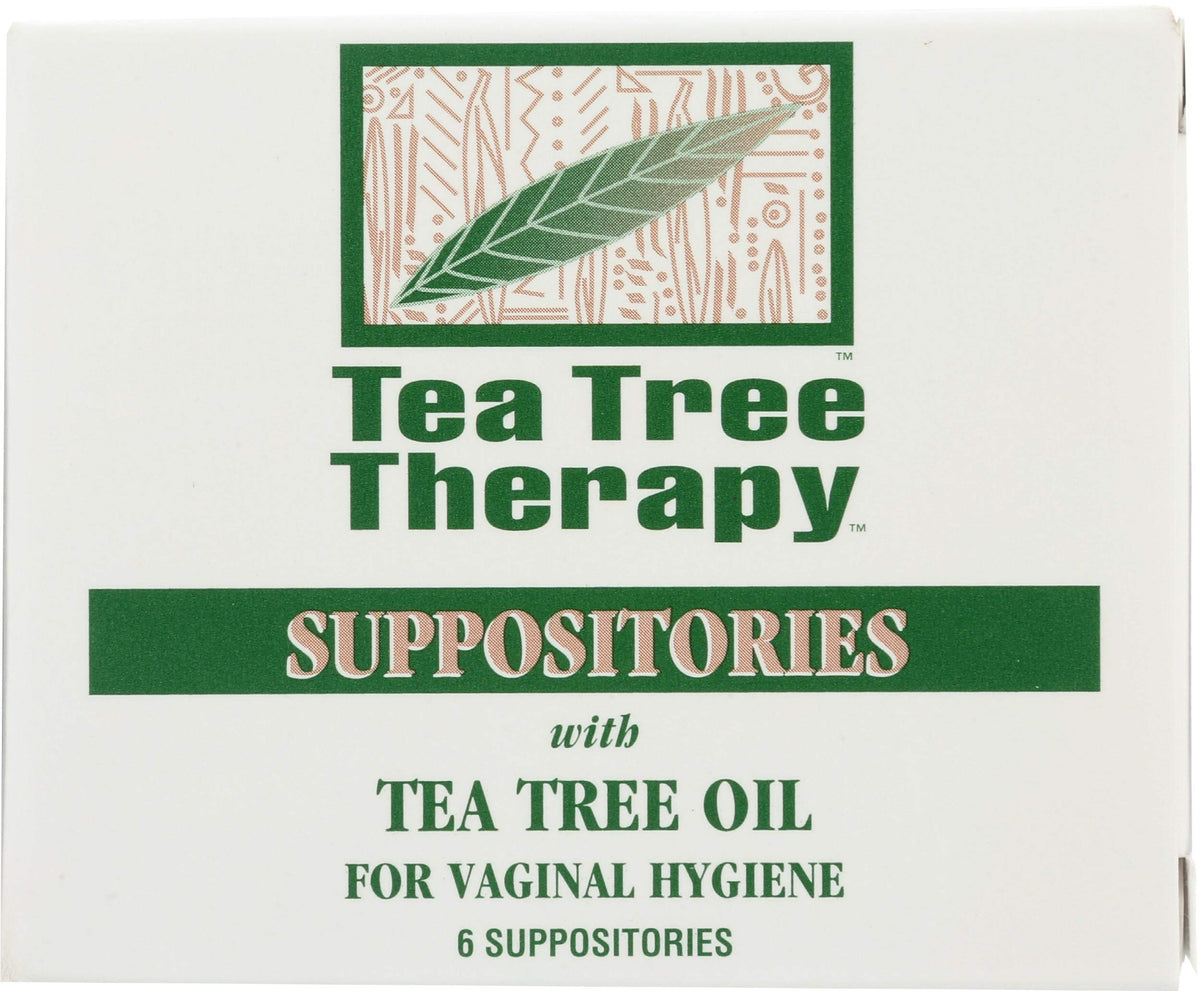 Tea Tree Therapy vaginal suppositories box-front with clear branding and product name.