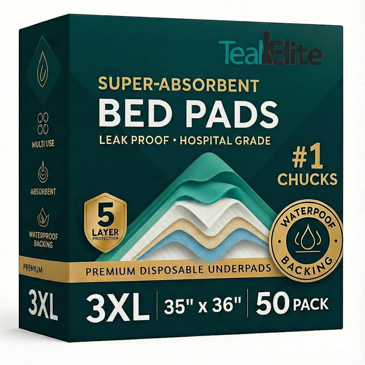 Teal Elite Chucks Pads pack of 50 for reliable daily protection.