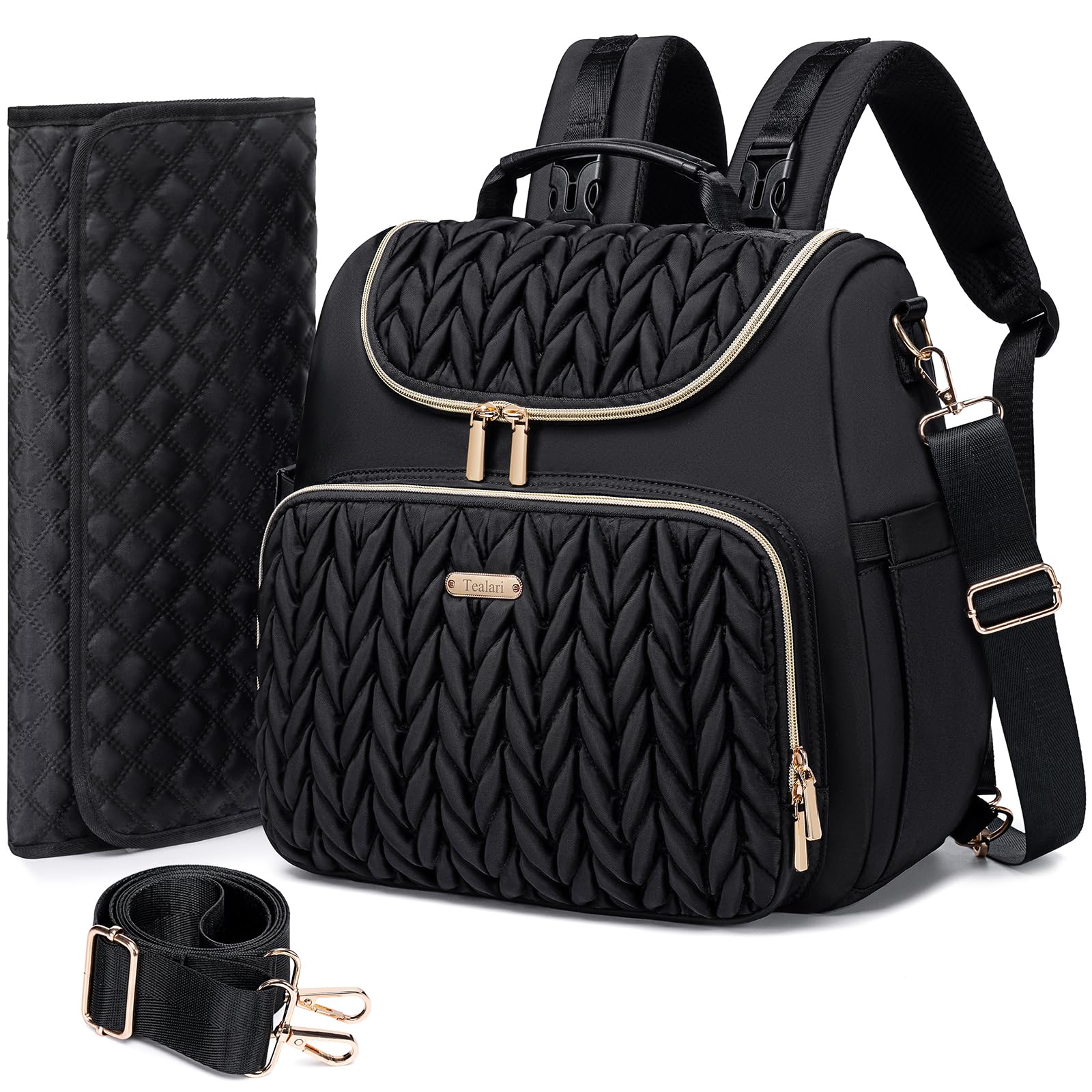 Tealari 4-in-1 diaper bag backpack on model, stylish, versatile everyday parenting solution.