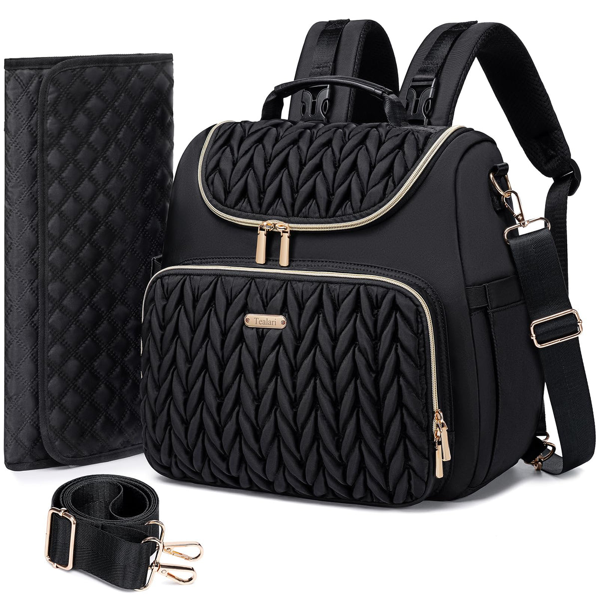 Tealari 4-in-1 diaper bag backpack on model, stylish, versatile everyday parenting solution.
