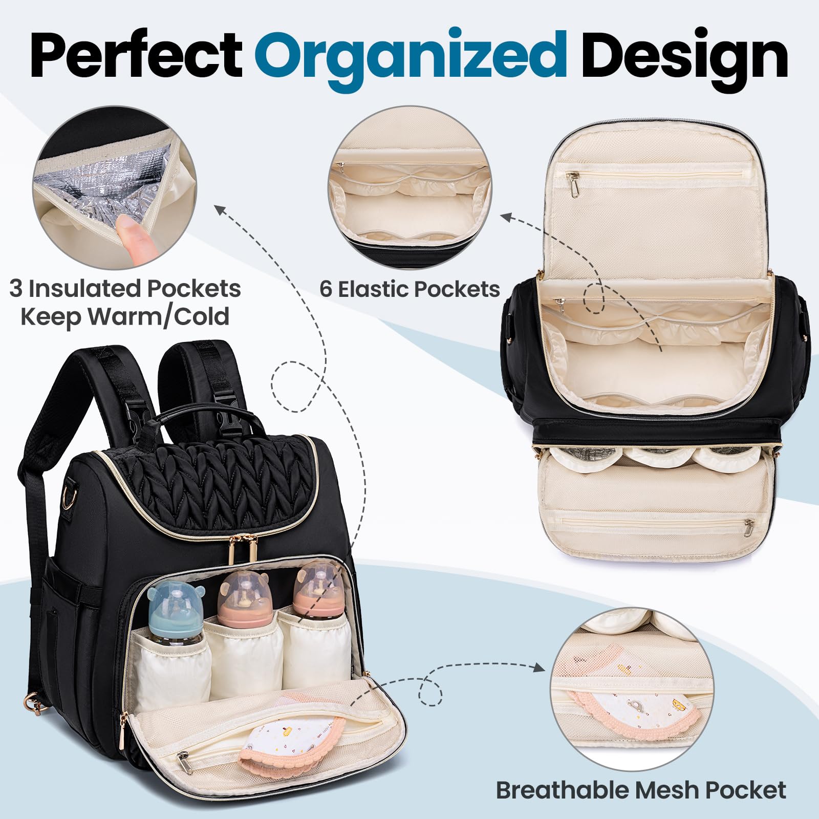 Tealari main compartment open view showing spacious organization for baby essentials.