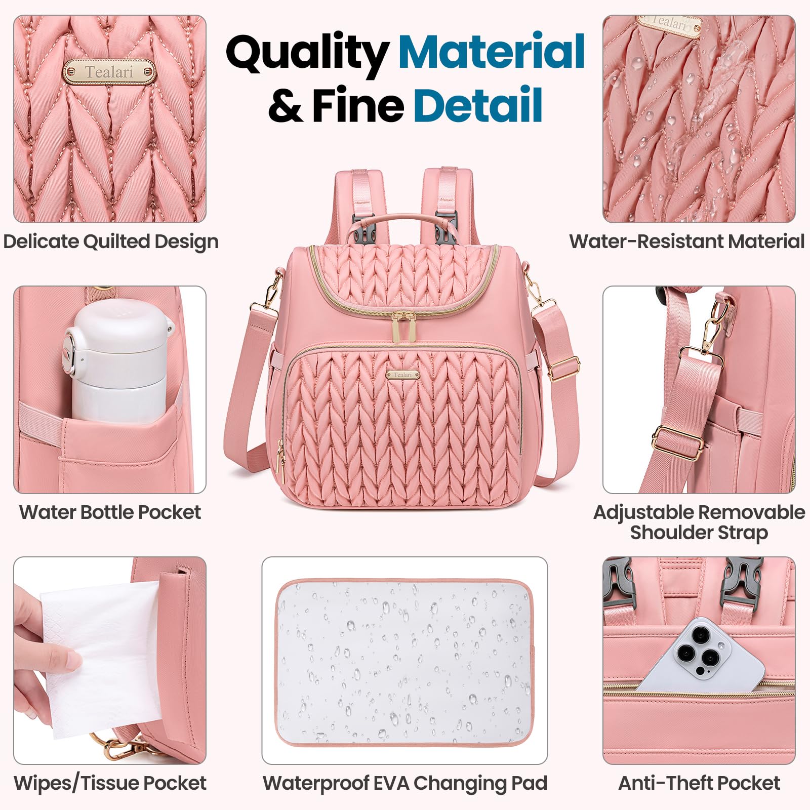 Tealari ample pockets and compartments organize clothes diapers bottles and toys.
