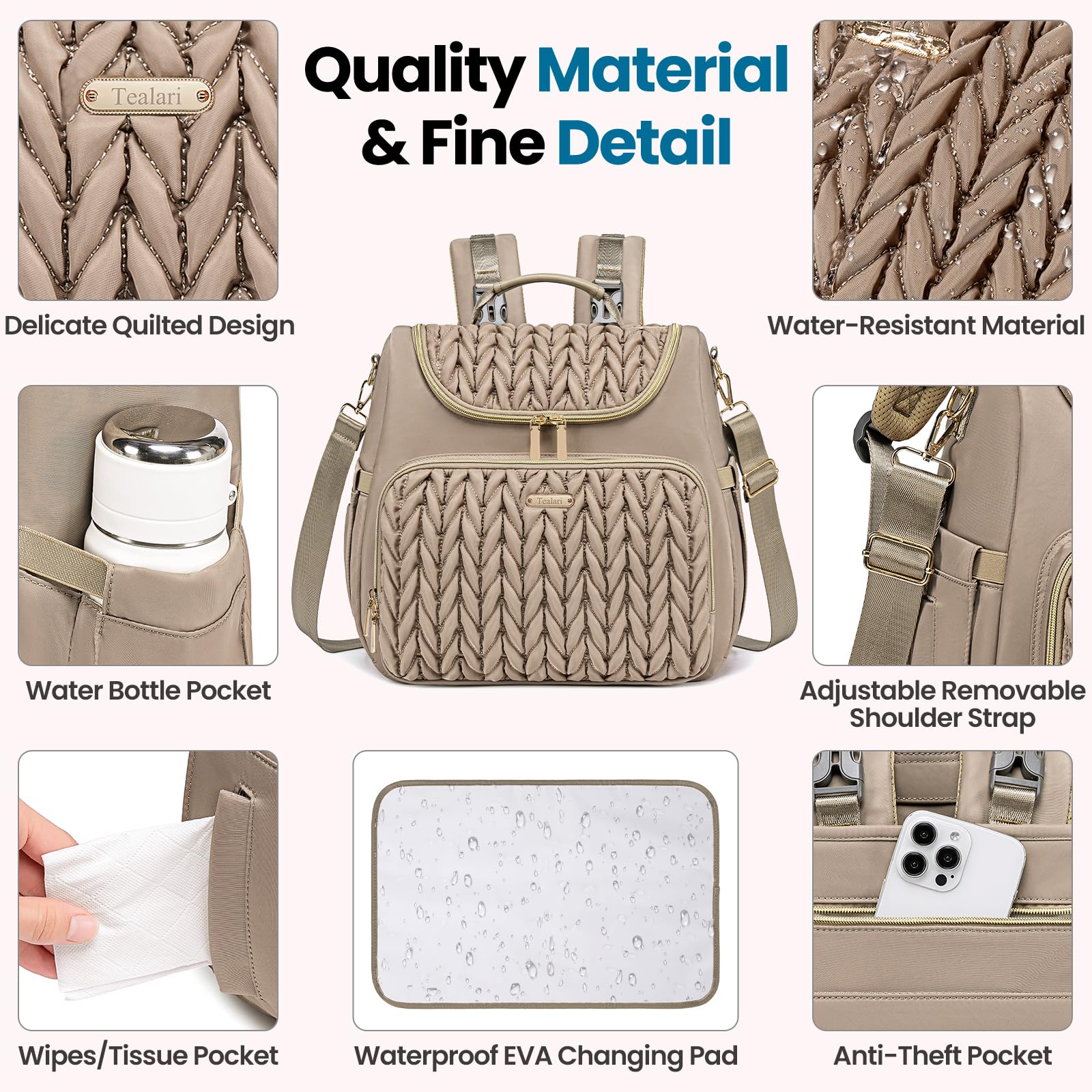 Tealari multi-pocket organization keeps baby items neatly arranged and accessible.