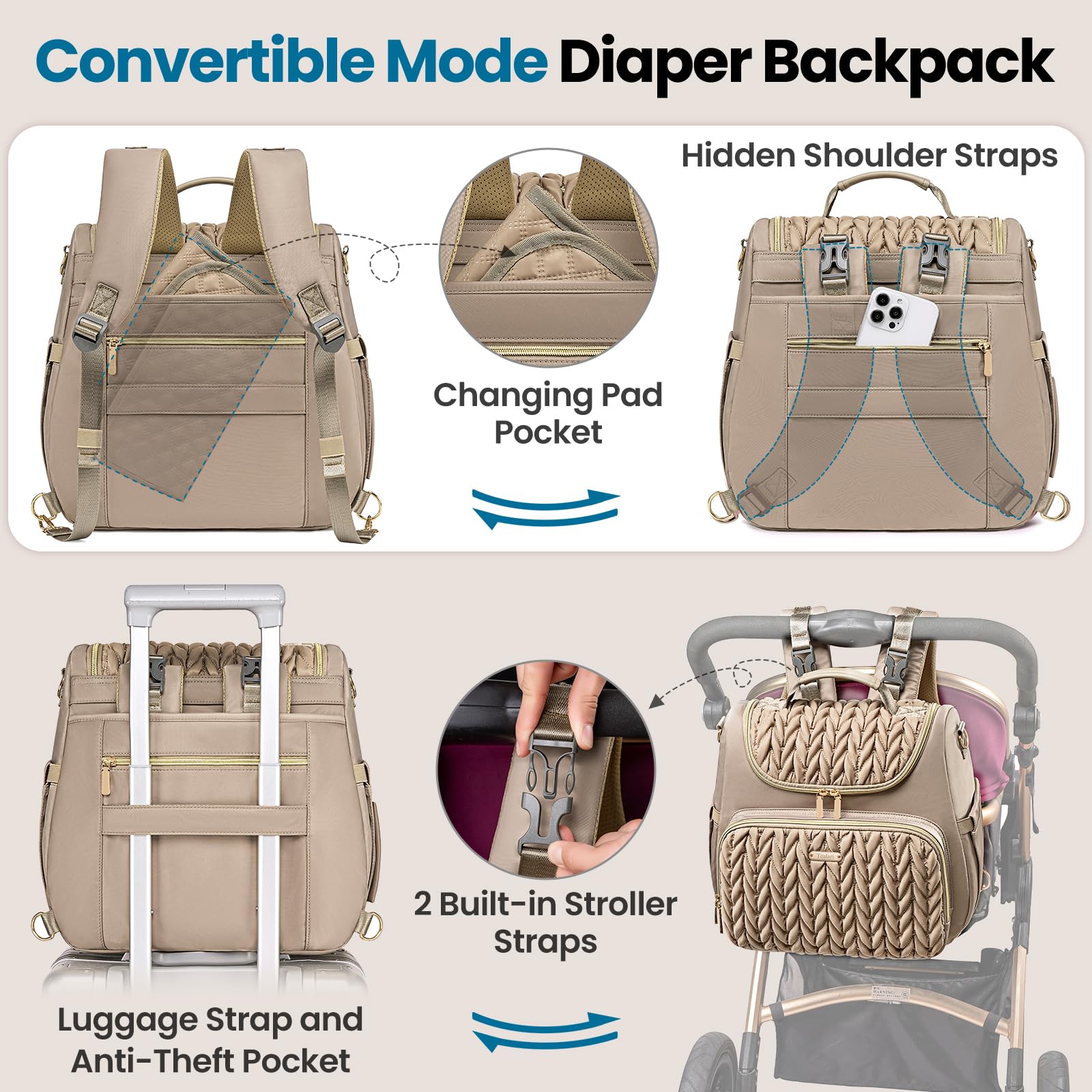 Tealari quick-switch 4-modes highlights each carrying option for flexibility.