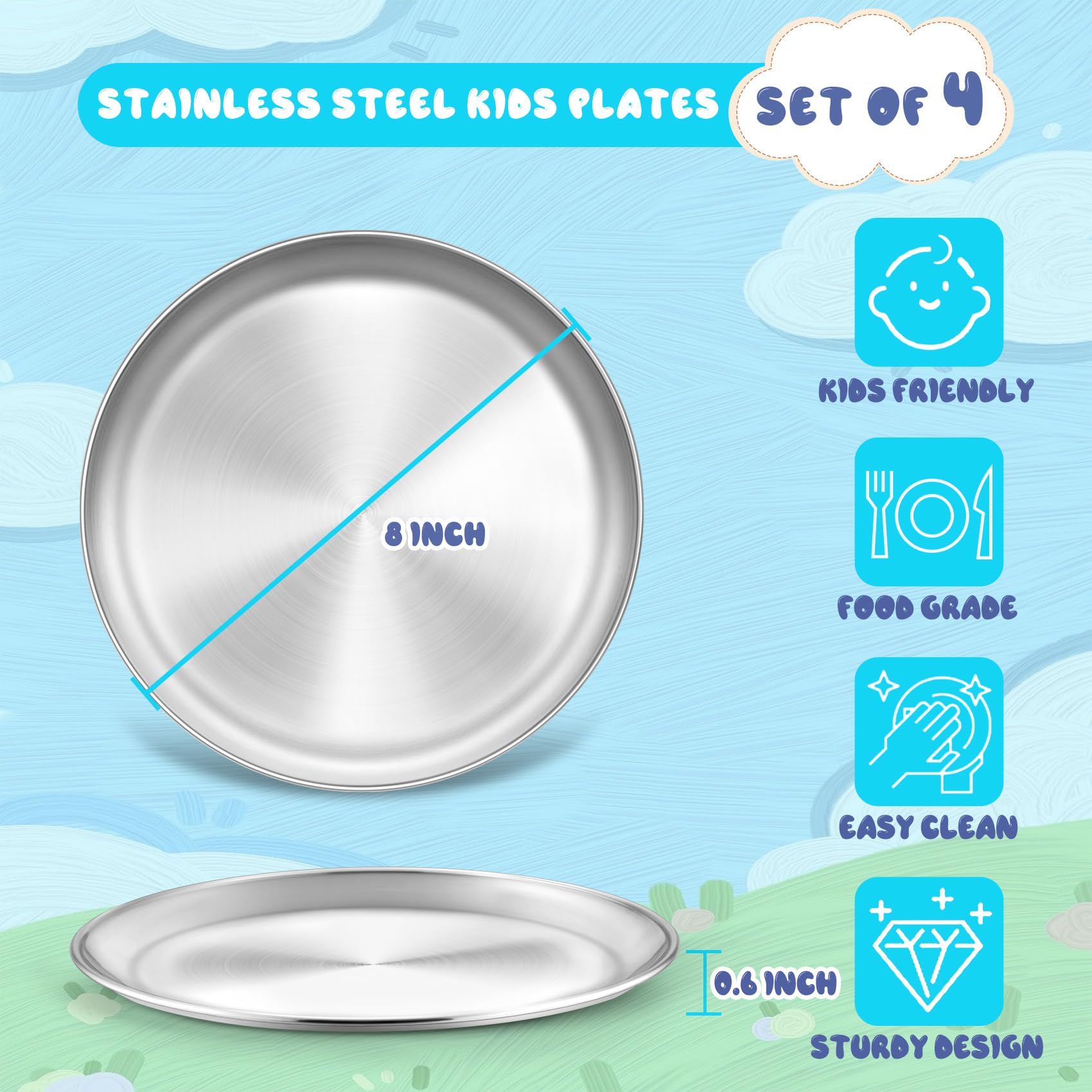 TeamFar kids dinner plates in stainless steel, designed for durability during family meals.