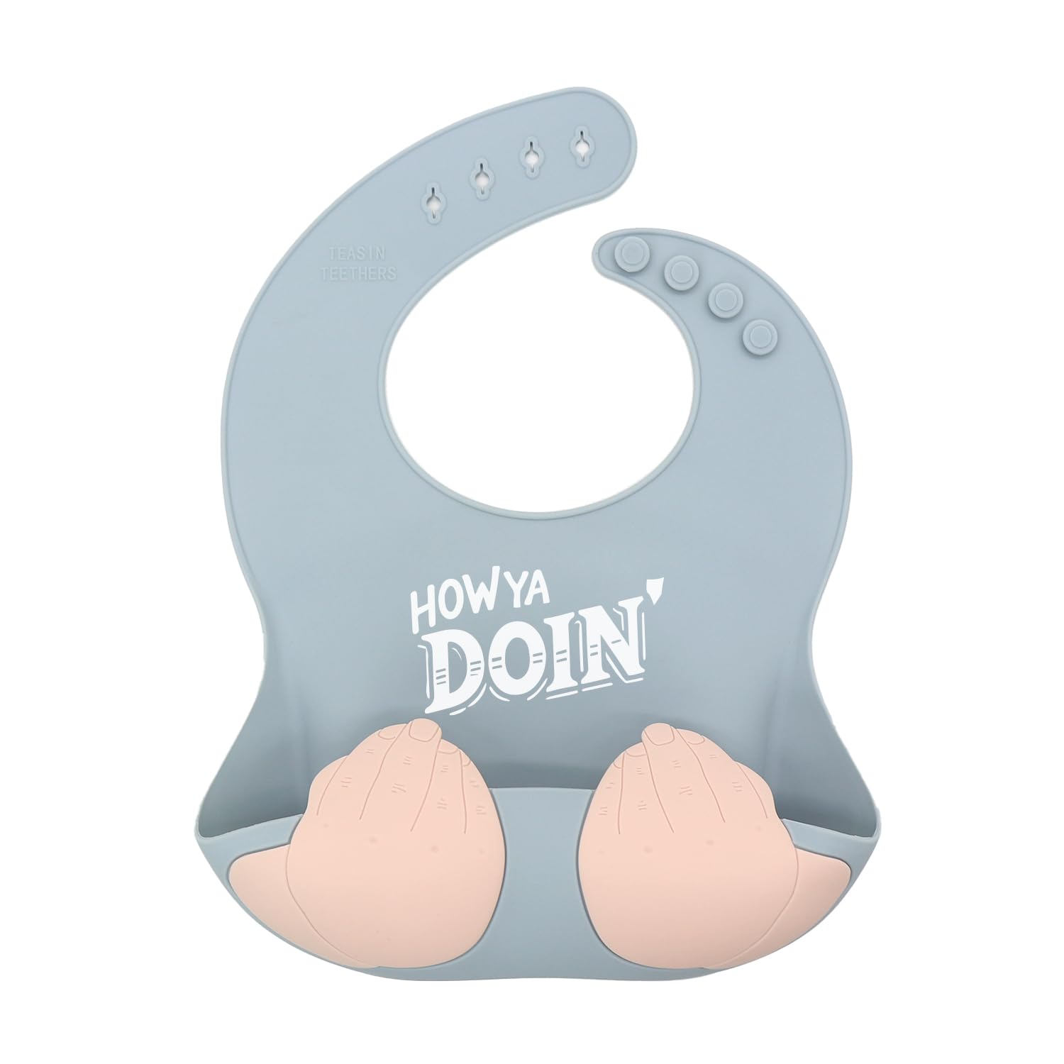Teasin' Teethers bib pocket with iconic Italian sayings keeps meals tidy.