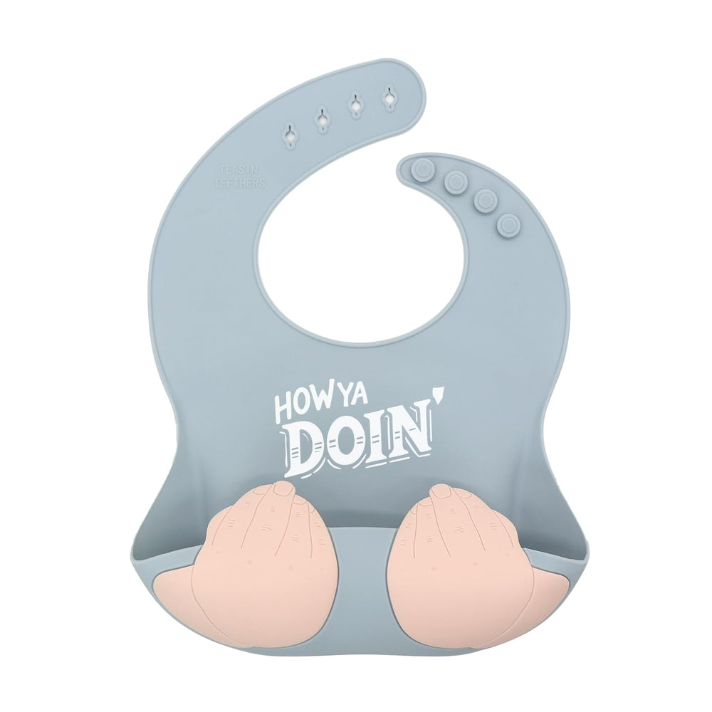 Teasin' Teethers bib pocket with iconic Italian sayings keeps meals tidy.