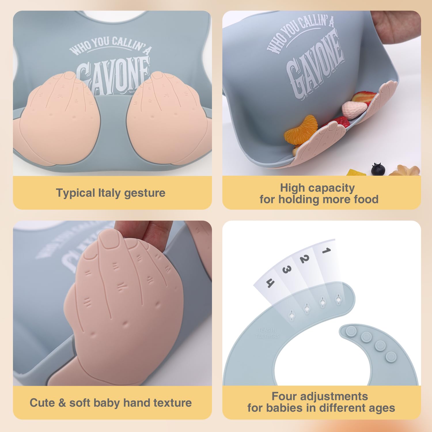 Teasin' Teethers Italian hand gesture design bib adds playful style at mealtime.