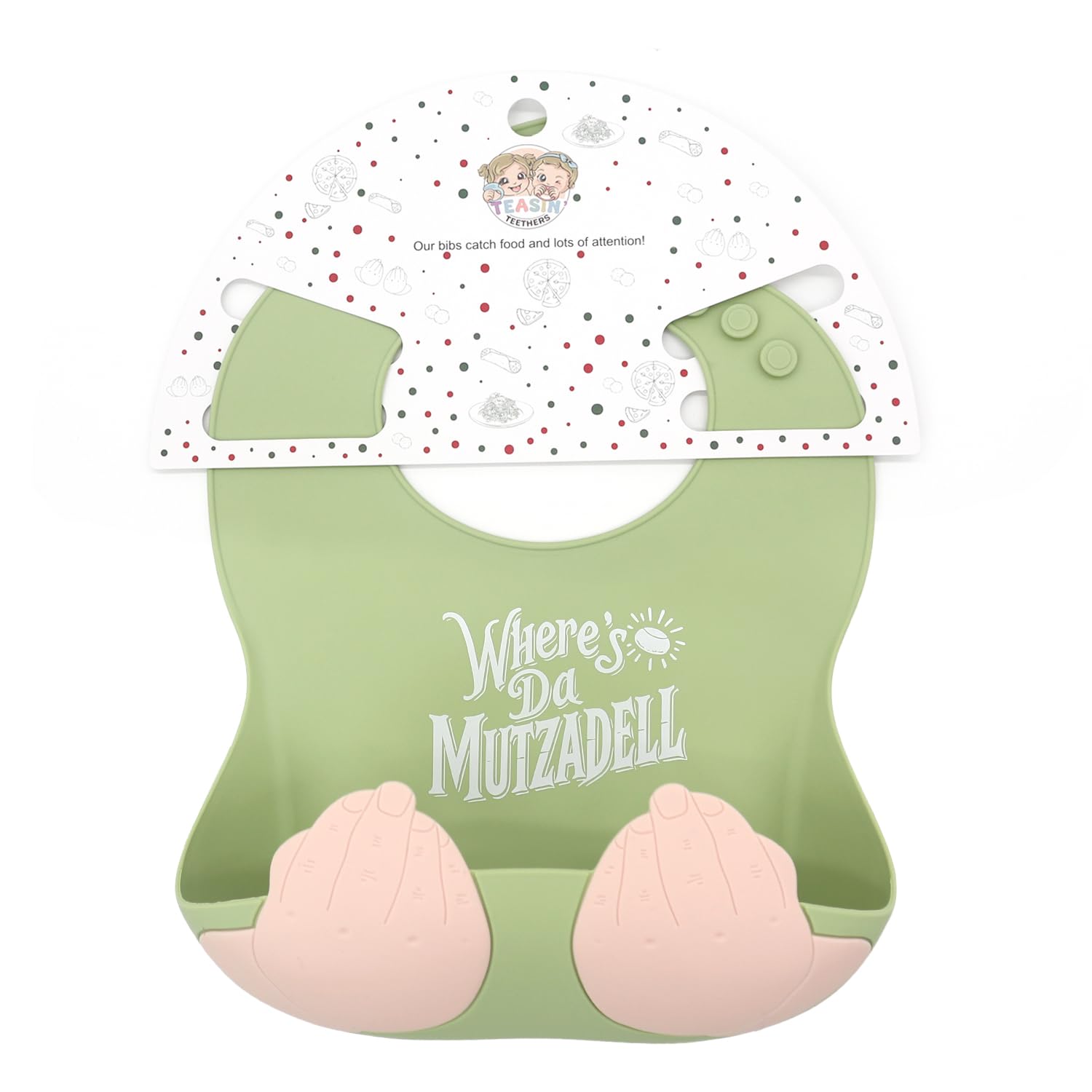Teasin' Teethers bib features Italian hand gesture design for playfulness