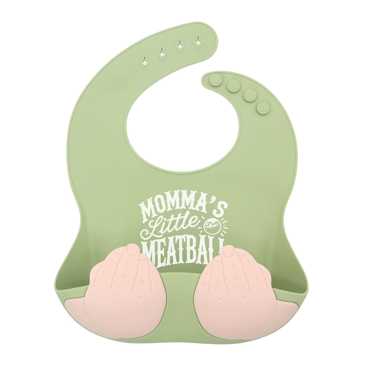 Teasin' Teethers Meatball Green bib with pocket catching spills during meals.