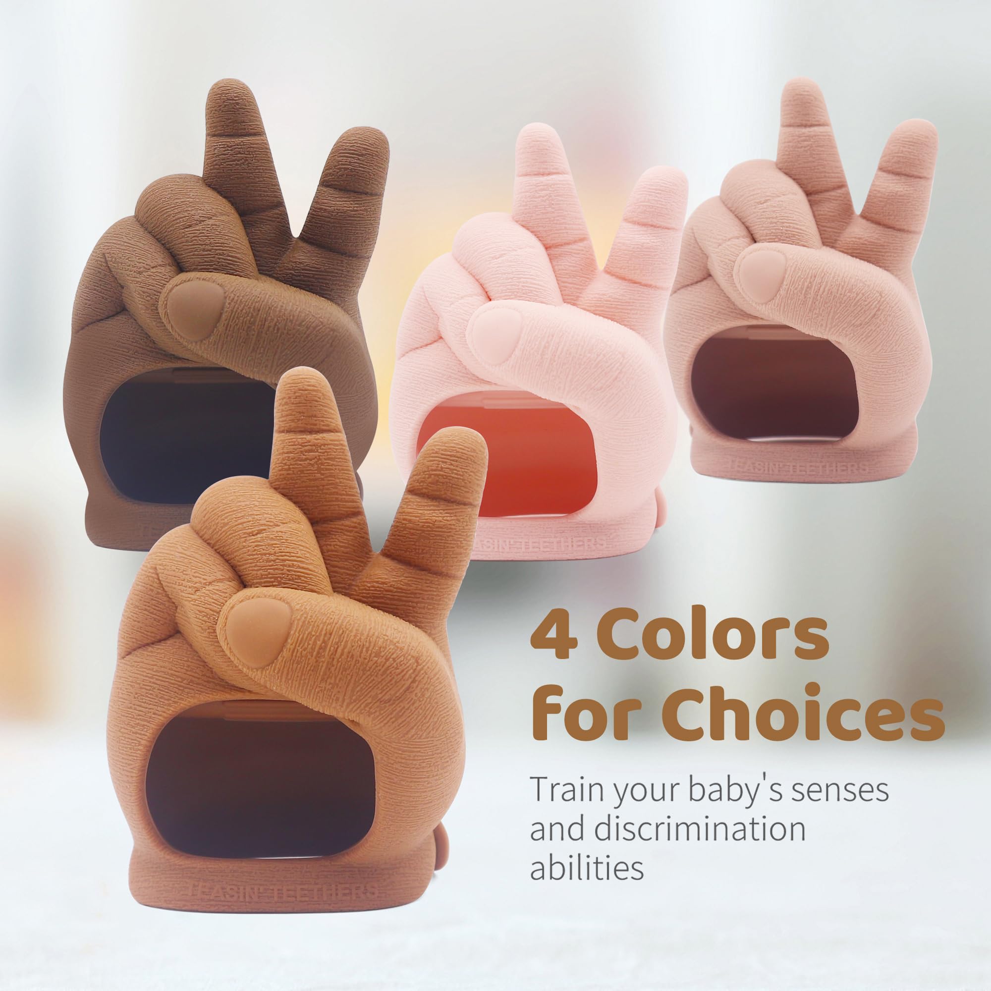 Peace Baby teether shown for easy top rack dishwasher cleaning.