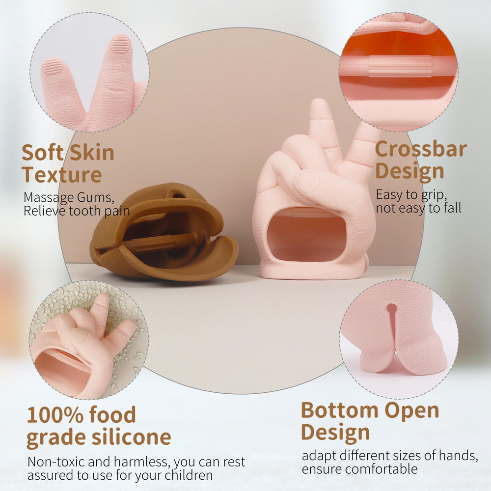 Peace Baby mitten worn on a baby hand for teething relief.