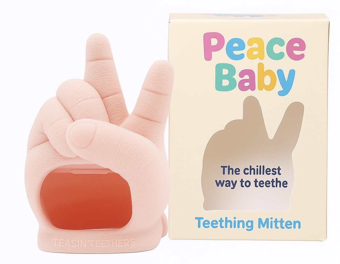 Teasin' Teethers Peace Baby mitten peace sign on hand, comforting teething moment.