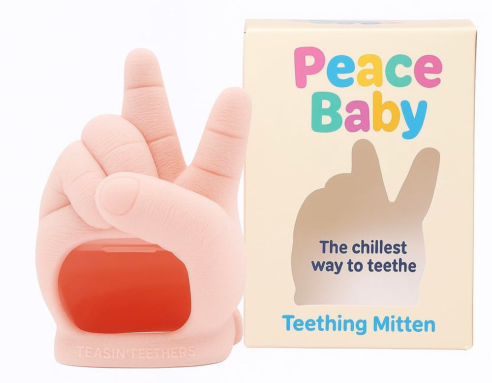 Teasin' Teethers Peace Baby mitten peace sign on hand, comforting teething moment.