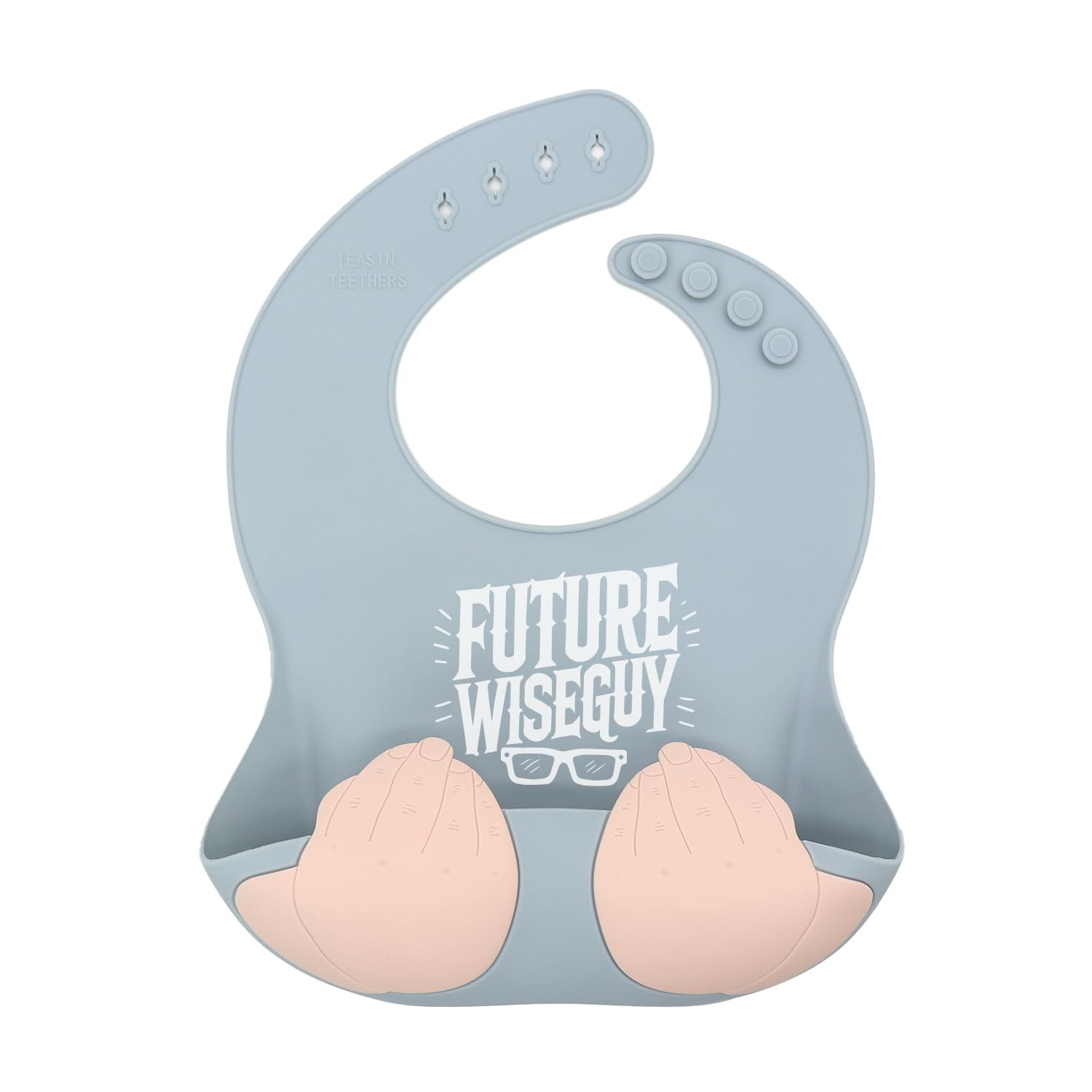 Teasin' Teethers Wiseguy Blue bib front view highlights spill protection for everyday meals.