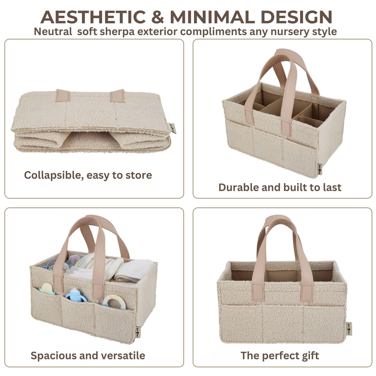 Teddy Caddy adjustable dividers demonstrate customizable storage for diapers and wipes.