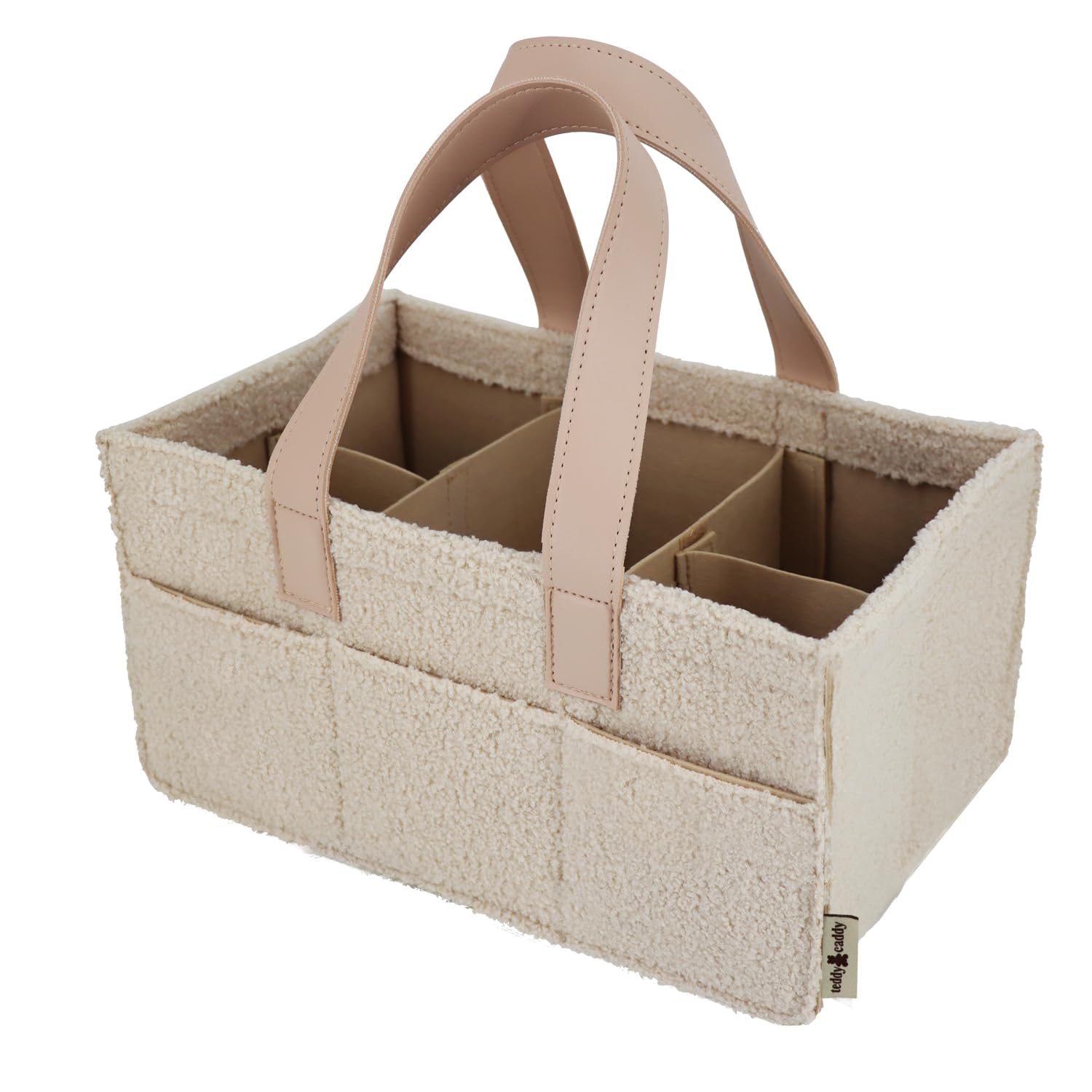 Teddy Caddy sherpa outer close-up showcases plush texture and neutral nursery appeal.