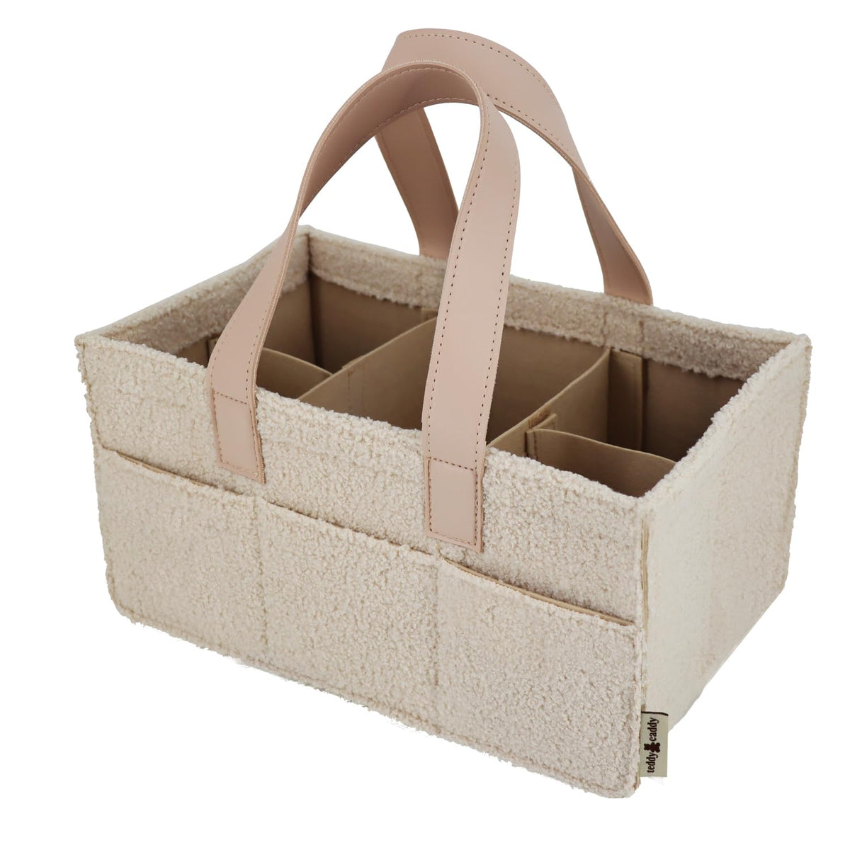 Teddy Caddy sherpa outer close-up showcases plush texture and neutral nursery appeal.