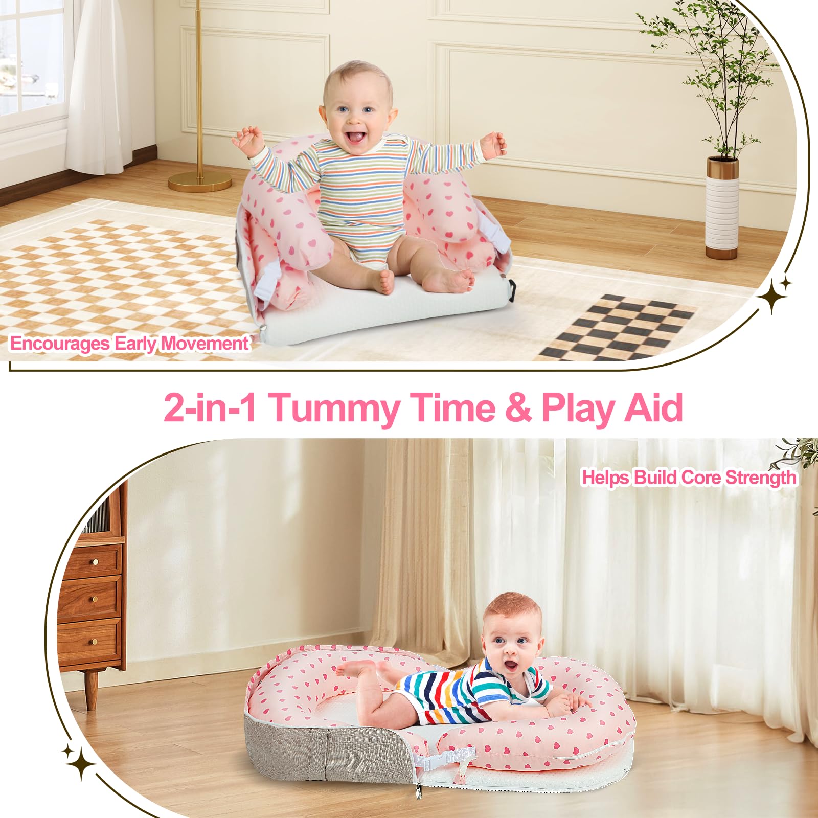 TEEAE seated-support-pillow pink helps babies practice sit-ups safely