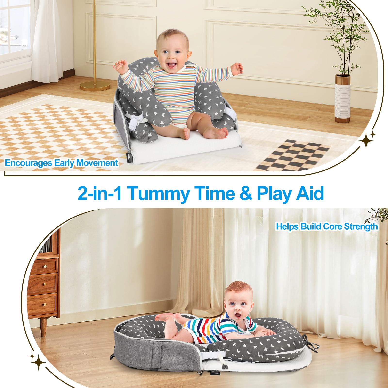 TEEAOE Starsmoon seated support pillow stabilizes baby sit-ups.