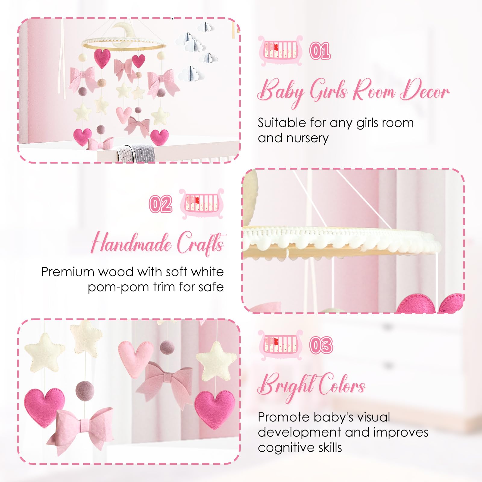 Teeloray girls room decor mobile complements pink theme and nursery styling.