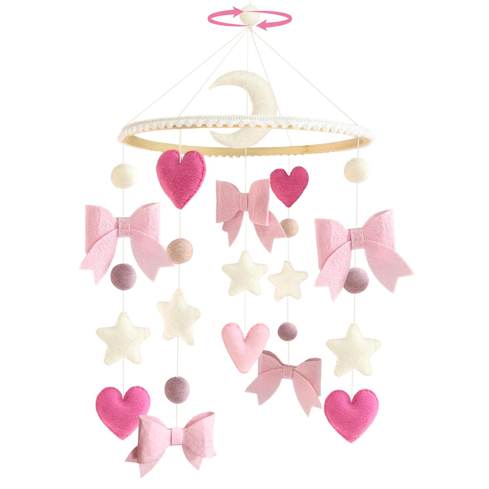 Teeloray pink bow cradle mobile enhances nursery decor and visual focus for newborns.