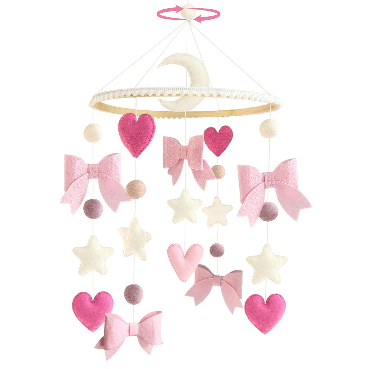 Teeloray pink bow cradle mobile enhances nursery decor and visual focus for newborns.
