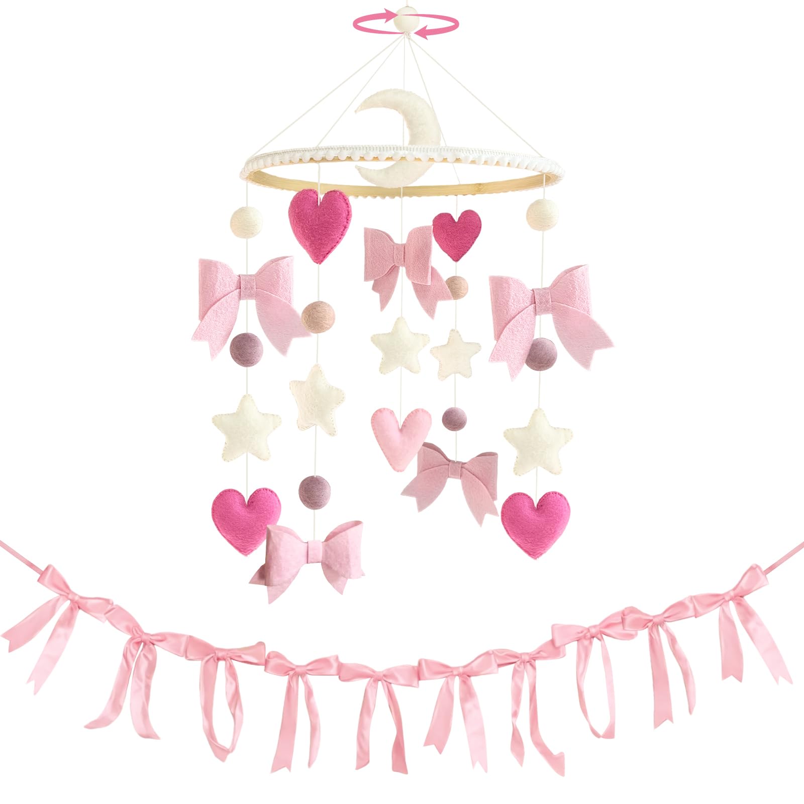 Teeloray pink bow mobile for crib enhances nursery visuals with gentle motion.