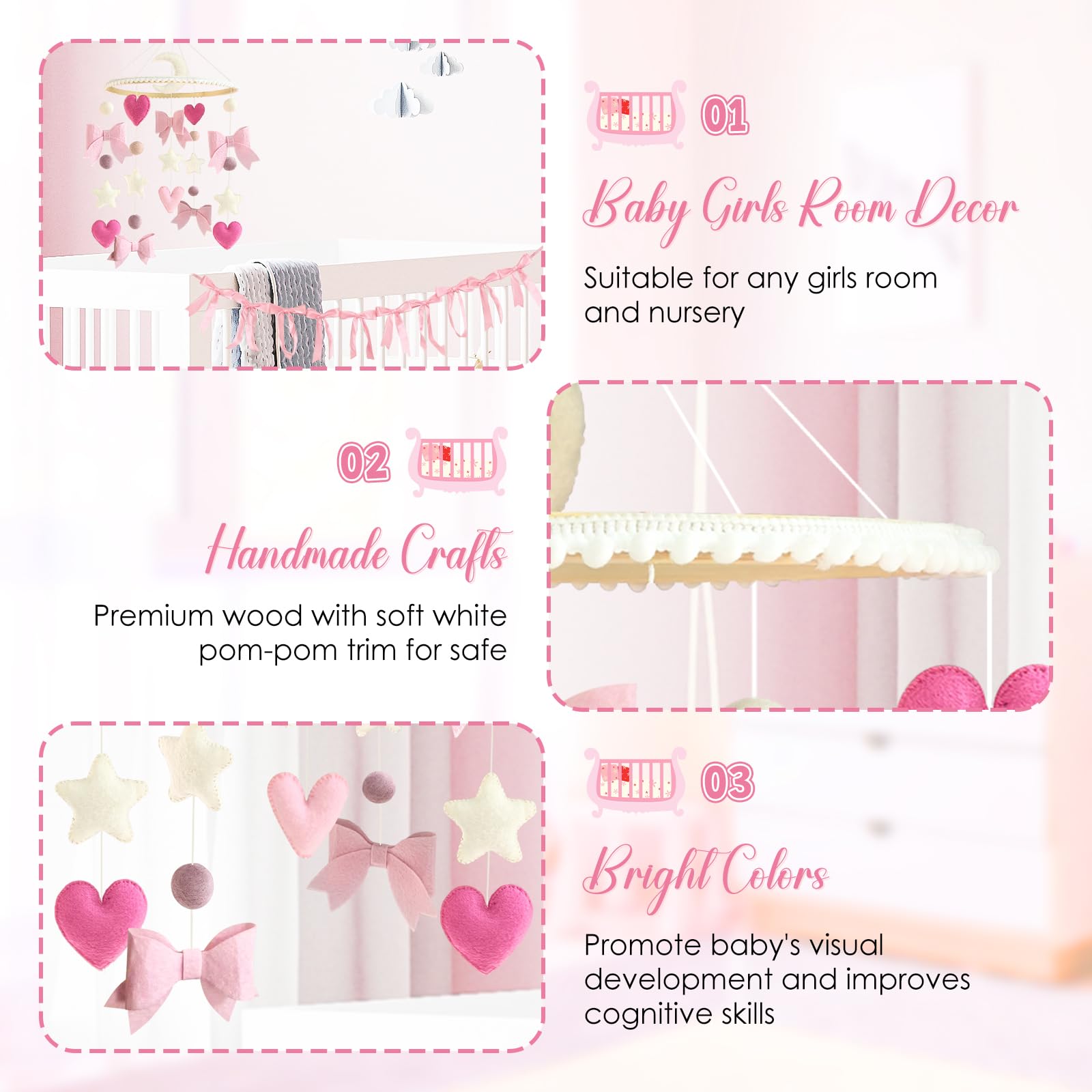 Teeloray pink satin bows detail adds delicate charm to nursery decor.