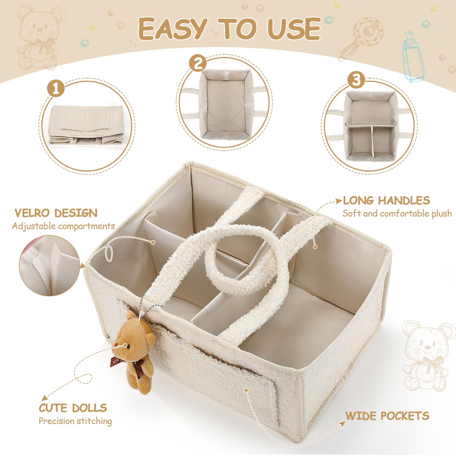 Teenyyou diaper caddy with doll charm adds decorative touch while organizing essentials.