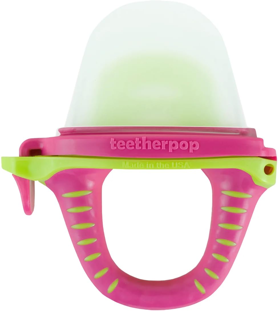 Teetherpop fillable teether with spill-proof slits for mess-free teething.