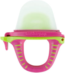 Teetherpop fillable teether with spill-proof slits for mess-free teething.