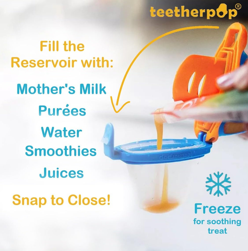 Teetherpop freezing capability cools gums during teething.