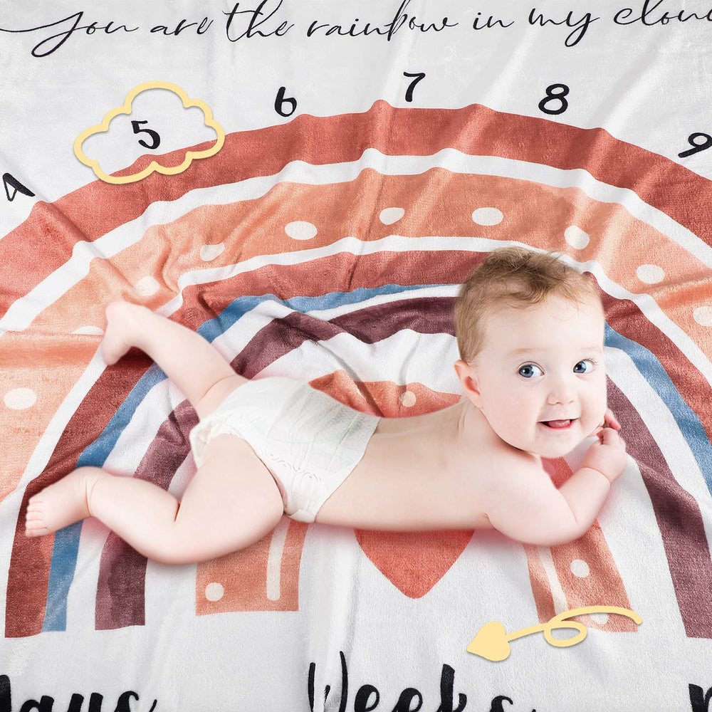Tegeme Boho Rainbow blanket’s golden arrow helps track weeks and months visually.