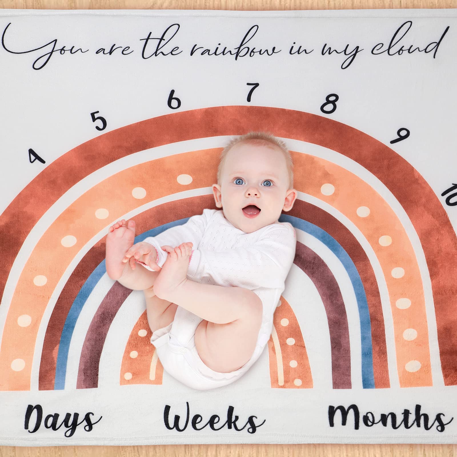 Tegeme Boho Rainbow milestone blanket supports a timeless baby portrait prop.
