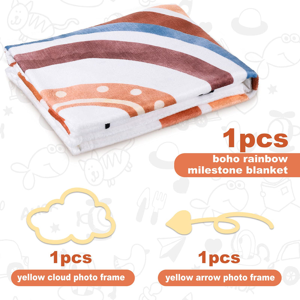 Tegeme Boho Rainbow milestone blanket with cloud markers highlights weekly growth milestones.