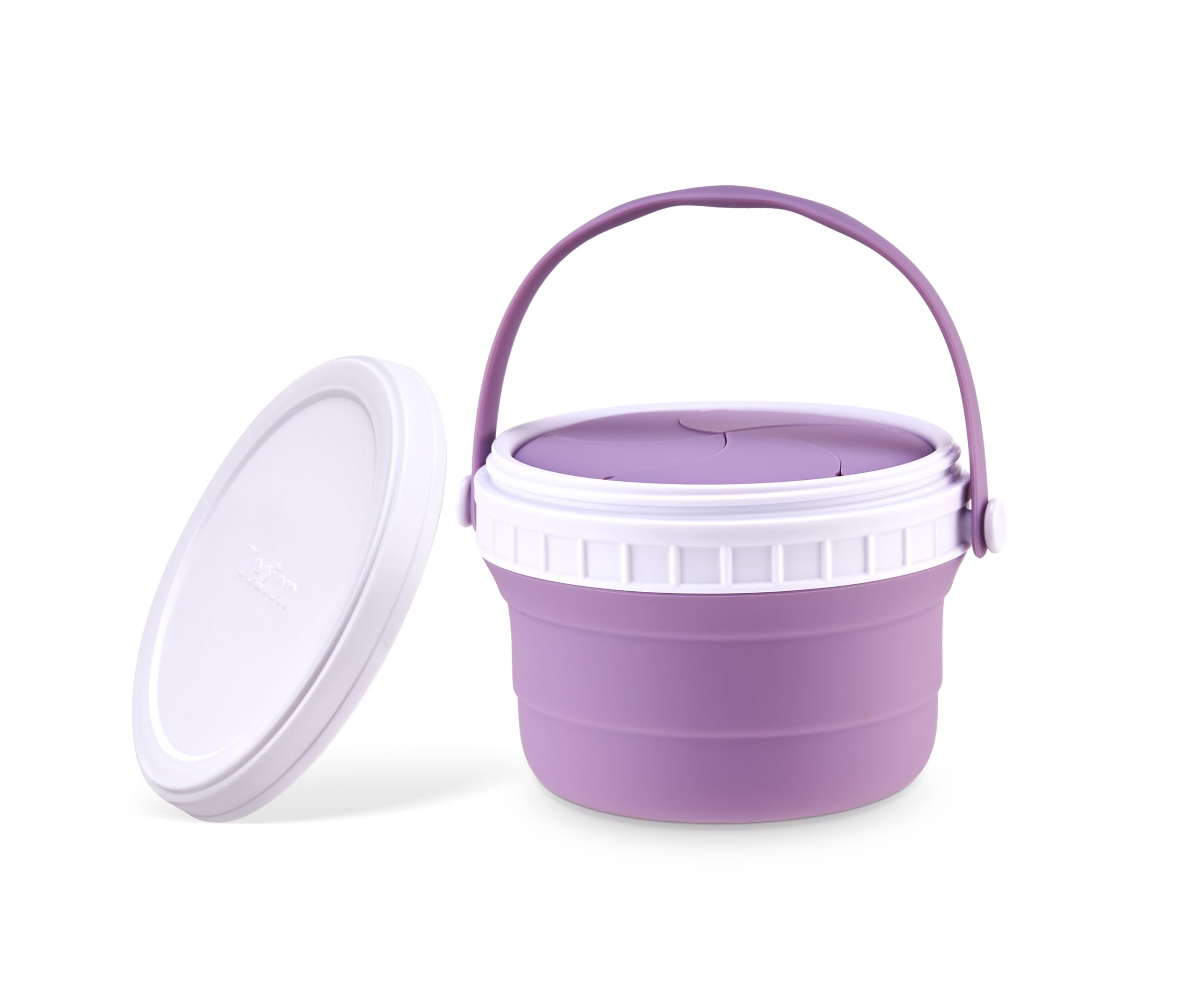 Tegion No Spill snack container with detachable flap and easy-grip handle for toddlers