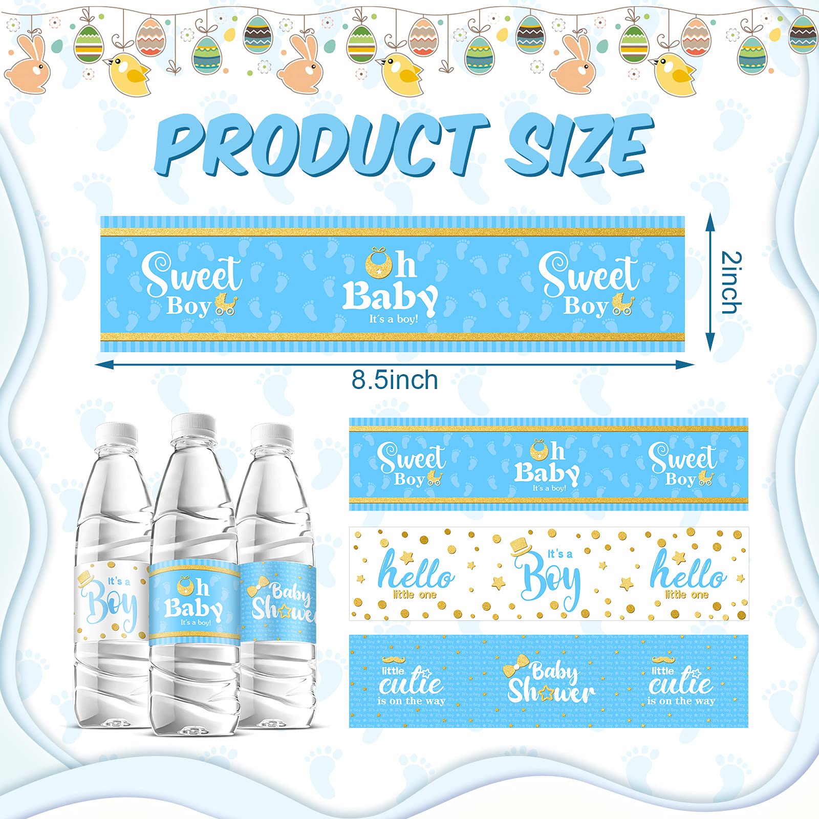 Teling blue boy labels showcase cute patterns for easy party styling and photo-worthy bottles