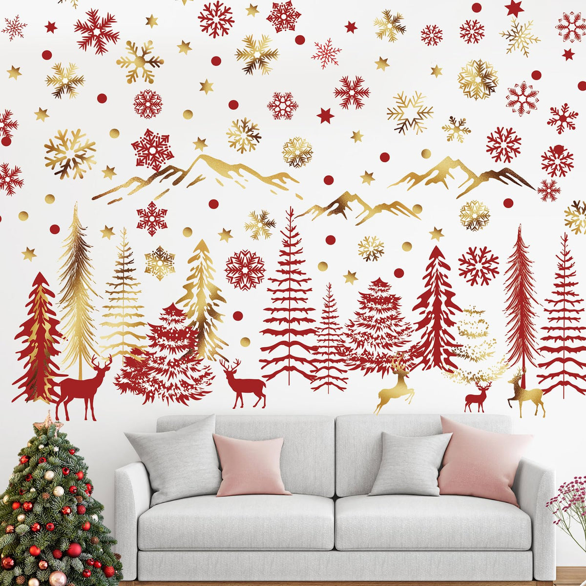 Teling winter snowflake forest wall decal adds cozy woodland charm to a kids' room.