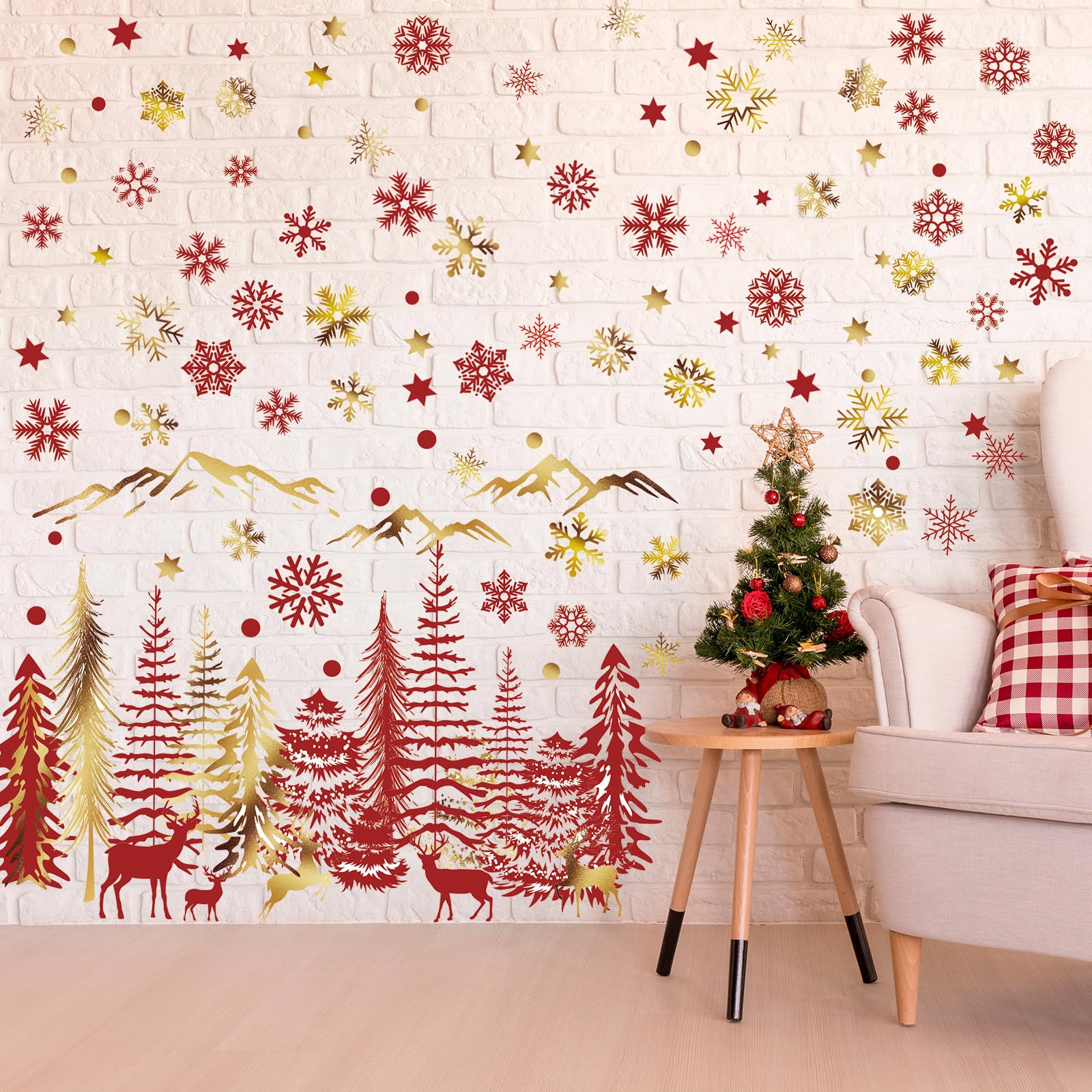 Teling mountain scene snowflake decal enhances a festive room design.