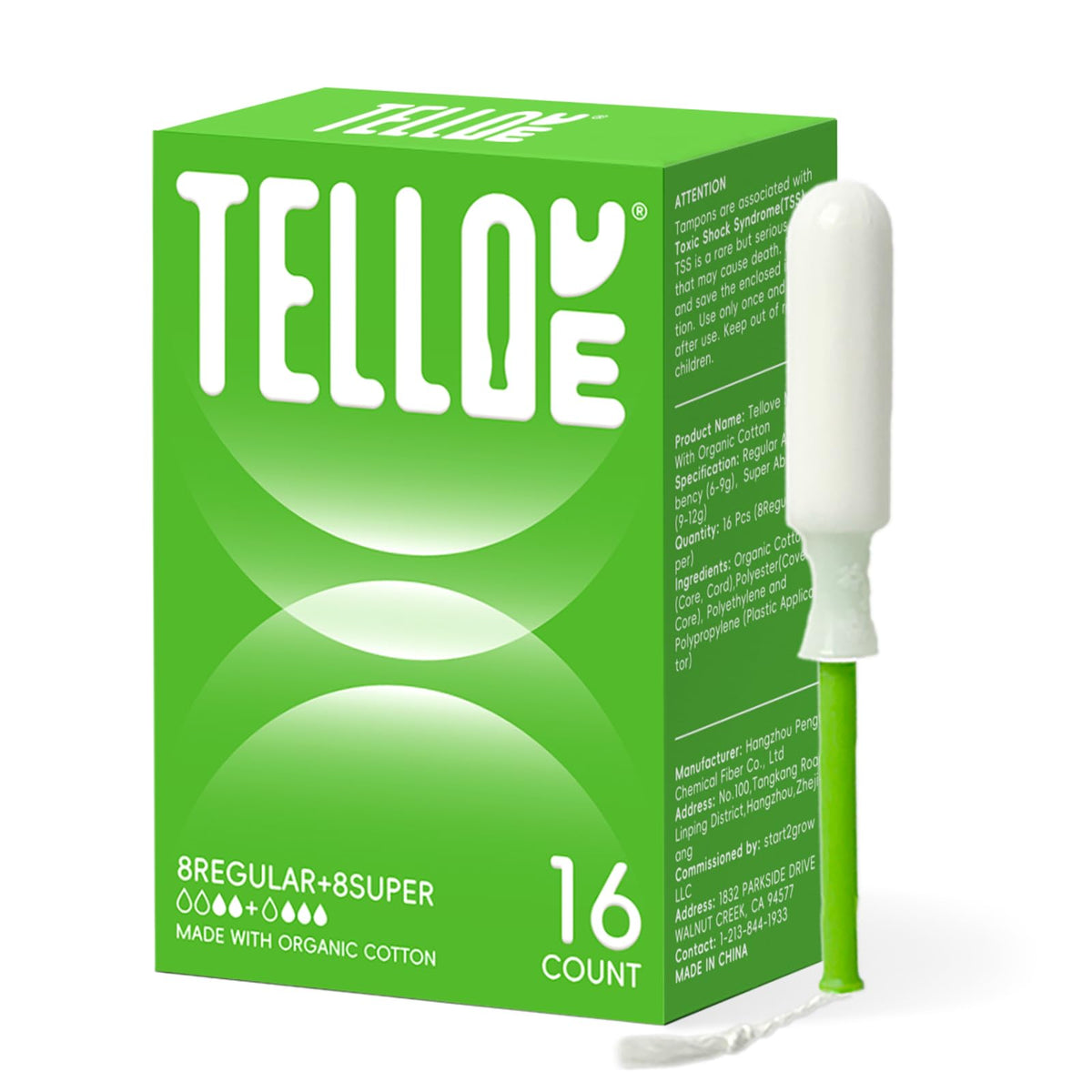 Tellove tampons packaging highlights organic cotton core and fragrance-free design for sensitive skin.