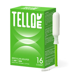 Tellove tampons packaging highlights organic cotton core and fragrance-free design for sensitive skin.