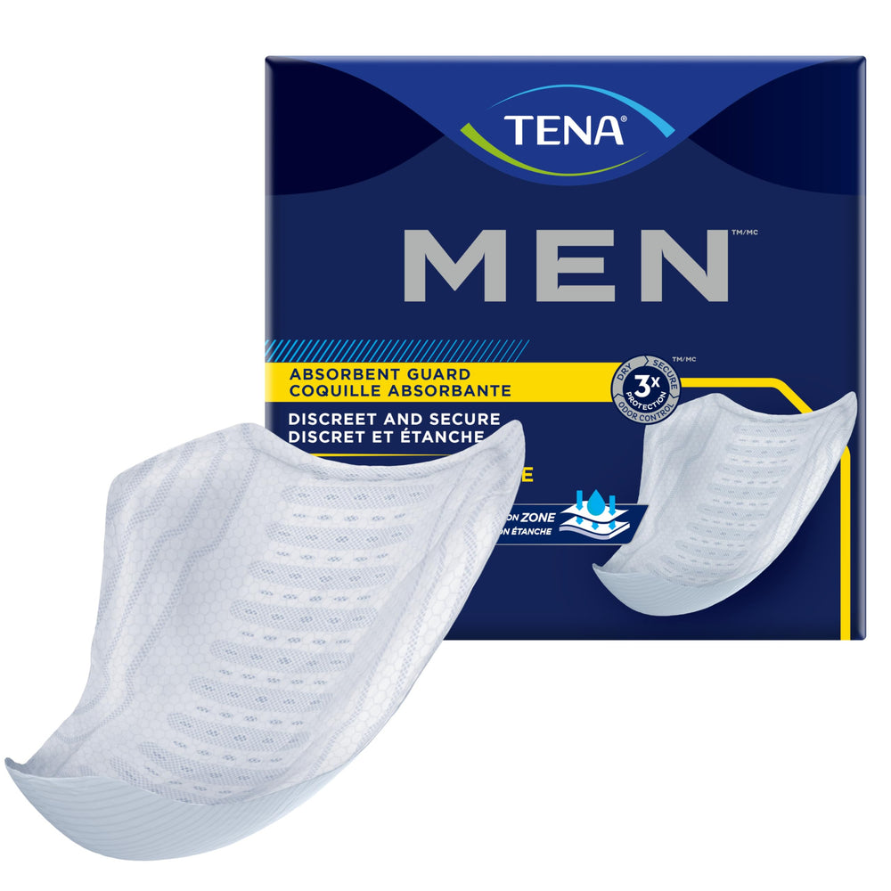 TENA Incontinence Guards for Men, adhesive strips visual, added security inside close-fitting underwear.