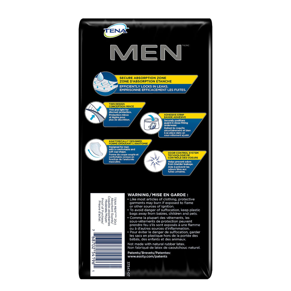 TENA Incontinence Guards for Men, on-the-go packaging visual, individually wrapped for portability.