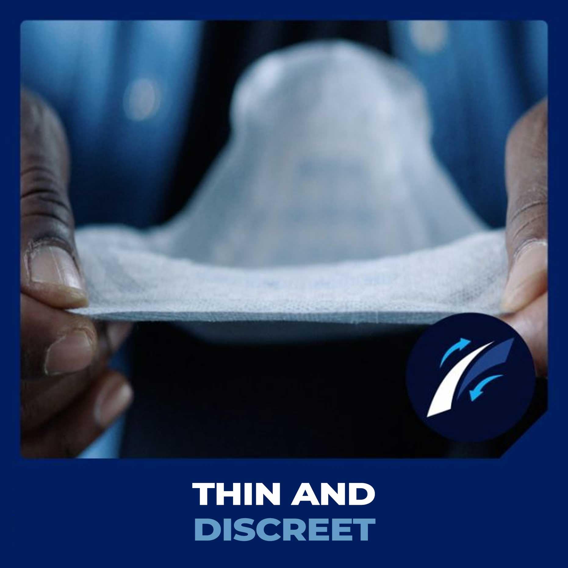 TENA for Men Level 1 adhesive strip close-up highlighting stay in place design.