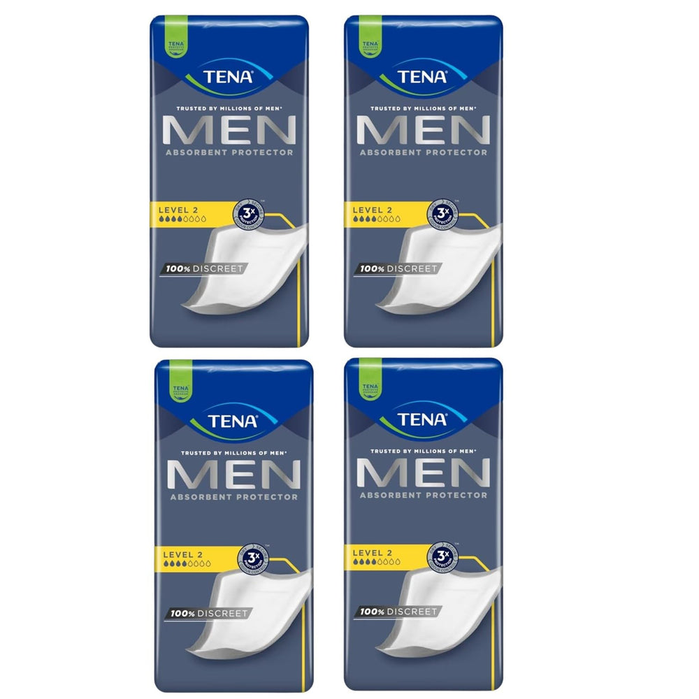 TENA Men Level2 Guard packaging shows discreet, individually wrapped pads for on-the-go confidence.