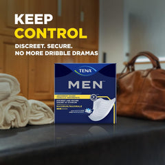 TENA Men Maximum Guard adhesive-strip attached securely under underwear.