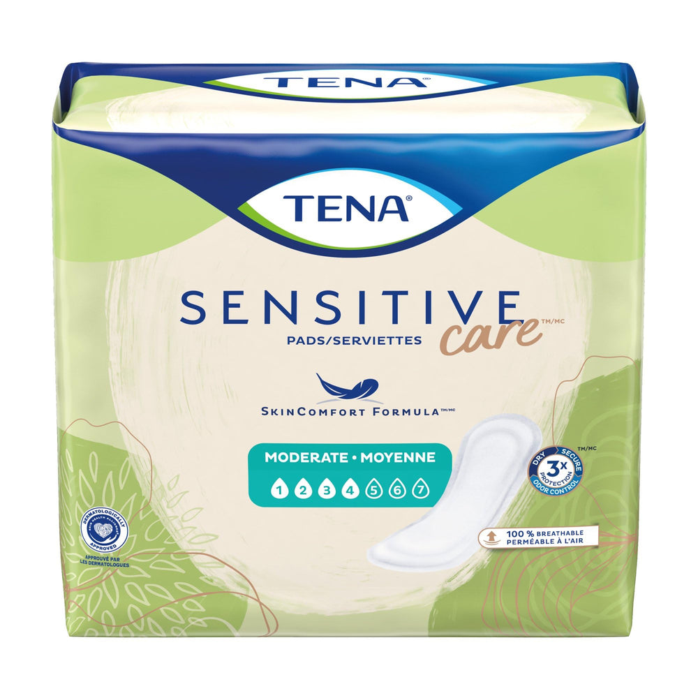 Close-up of TENA Sensitive Care Moderate Pad showing regular length design for moderate leaks and comfortable wear.